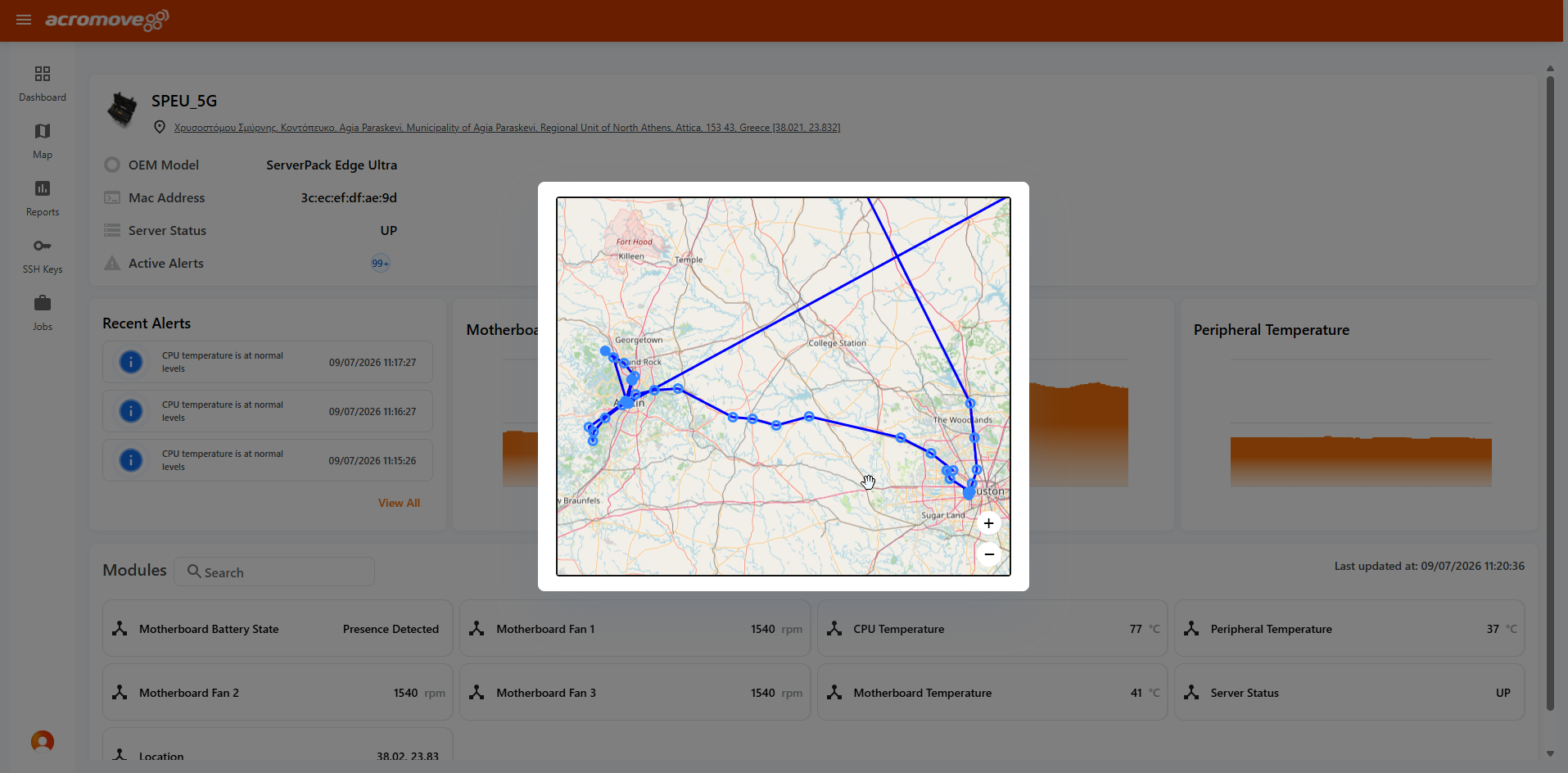 Route history map for a unit in transit